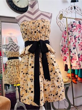 Vera Wang Yellow Floral Strapless Dress with Black Sash